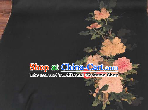 Asian Chinese Traditional Peony Pattern Design Black Gambiered Guangdong Gauze Fabric Silk Material