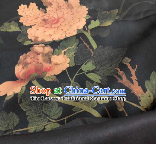 Asian Chinese Traditional Peony Pattern Design Black Gambiered Guangdong Gauze Fabric Silk Material