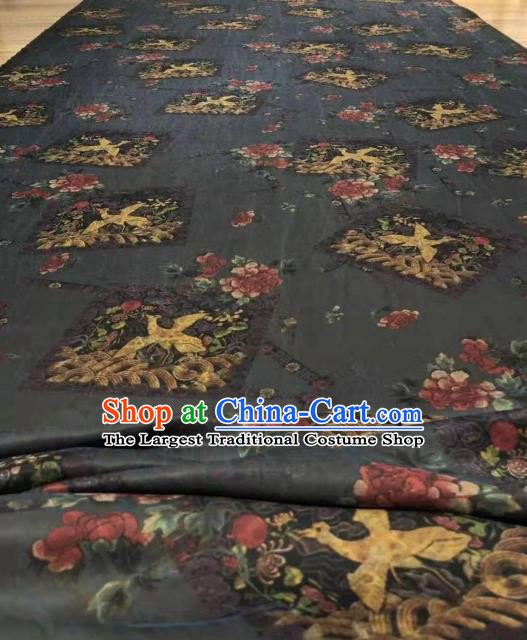 Asian Chinese Traditional Crane Peony Pattern Design Black Gambiered Guangdong Gauze Fabric Silk Material