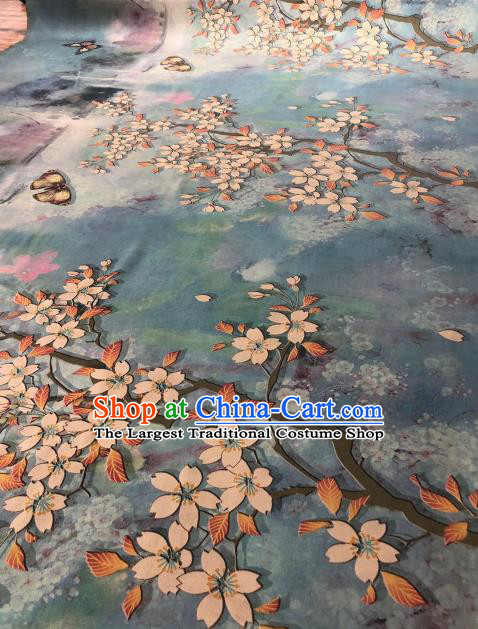 Asian Chinese Traditional Pear Flowers Pattern Design Blue Gambiered Guangdong Gauze Fabric Silk Material
