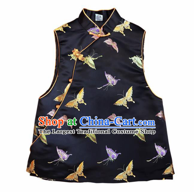 Top Grade Traditional Chinese Embroidered Black Brocade Vest Tang Suit Silk Upper Outer Garment for Women
