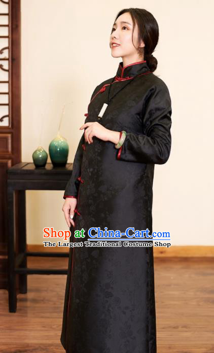 Traditional Chinese Graceful Black Cotton Wadded Cheongsam Silk Qipao Dress for Women