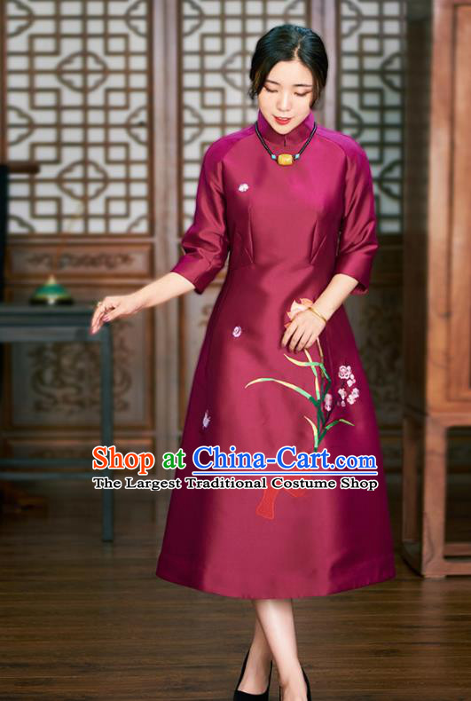 Traditional Chinese Graceful Embroidered Lotus Wine Red Cheongsam Tang Suit Silk Qipao Dress for Women