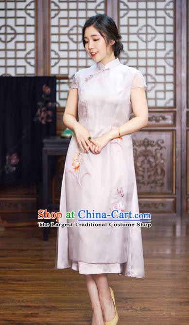 Traditional Chinese National Graceful Embroidered White Silk Cheongsam Tang Suit Qipao Dress for Women