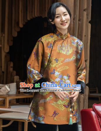 Top Grade Traditional Chinese Orange Cotton Wadded Jacket Tang Suit Silk Upper Outer Garment for Women