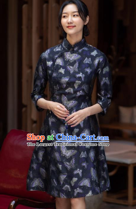 Traditional Chinese National Graceful Printing Butterfly Navy Silk Cheongsam Tang Suit Qipao Dress for Women