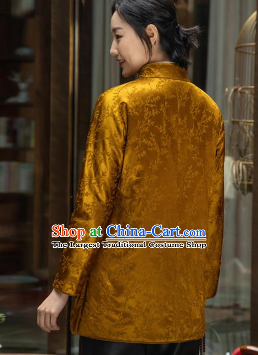 Top Grade Traditional Chinese National Golden Cotton Wadded Coat Tang Suit Silk Upper Outer Garment for Women