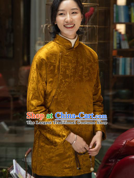 Top Grade Traditional Chinese National Golden Cotton Wadded Coat Tang Suit Silk Upper Outer Garment for Women