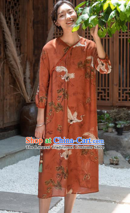 Traditional Chinese National Graceful Printing Cranes Orange Silk Cheongsam Tang Suit Qipao Dress for Women