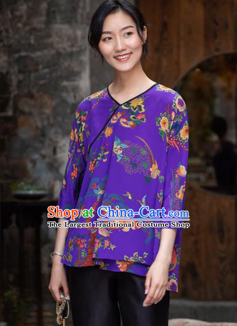 Top Grade Traditional Chinese National Printing Purple Silk Blouse Tang Suit Upper Outer Garment for Women