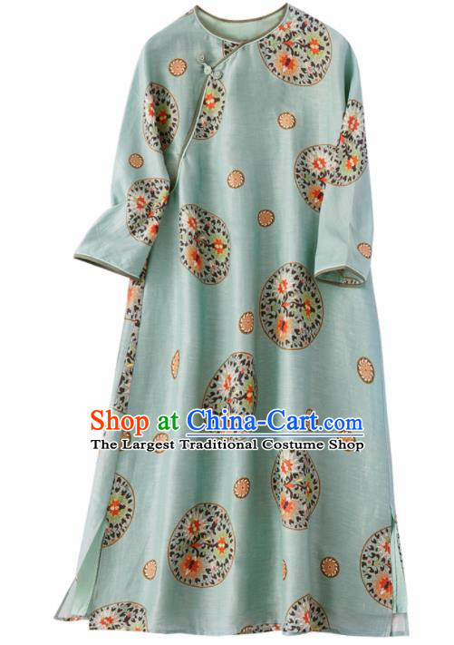 Traditional Chinese National Graceful Printing Light Green Silk Cheongsam Tang Suit Qipao Dress for Women