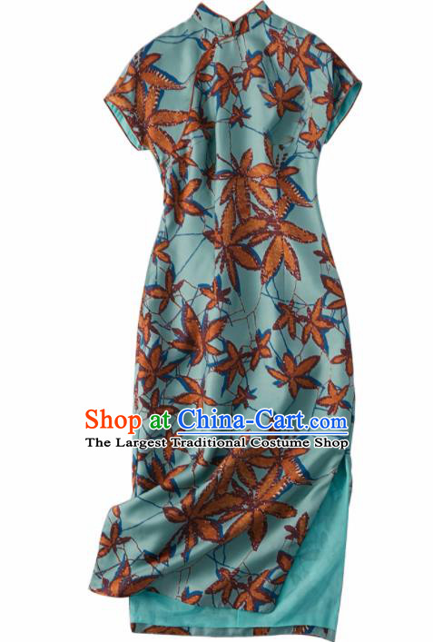 Traditional Chinese National Graceful Printing Blue Silk Cheongsam Tang Suit Qipao Dress for Women
