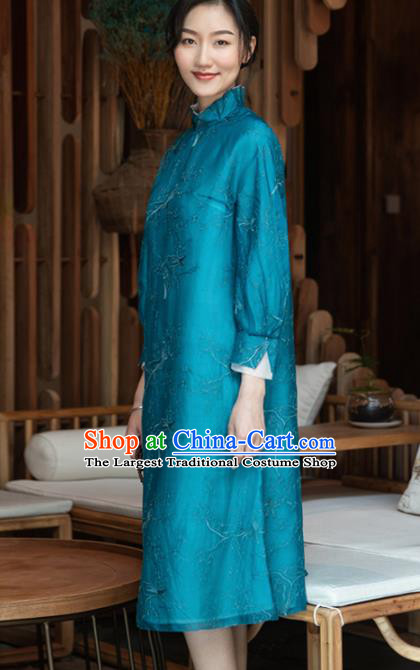 Traditional Chinese National Graceful Embroidered Blue Organza Cheongsam Tang Suit Qipao Dress for Women