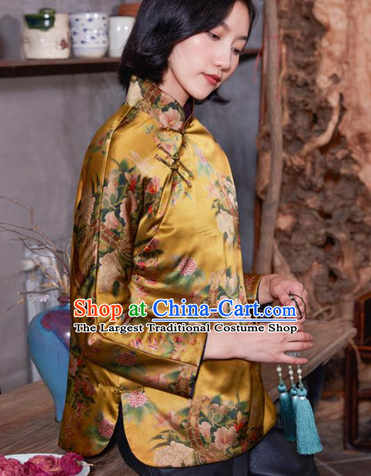 Top Grade Traditional Chinese National Printing Golden Silk Jacket Tang Suit Upper Outer Garment for Women