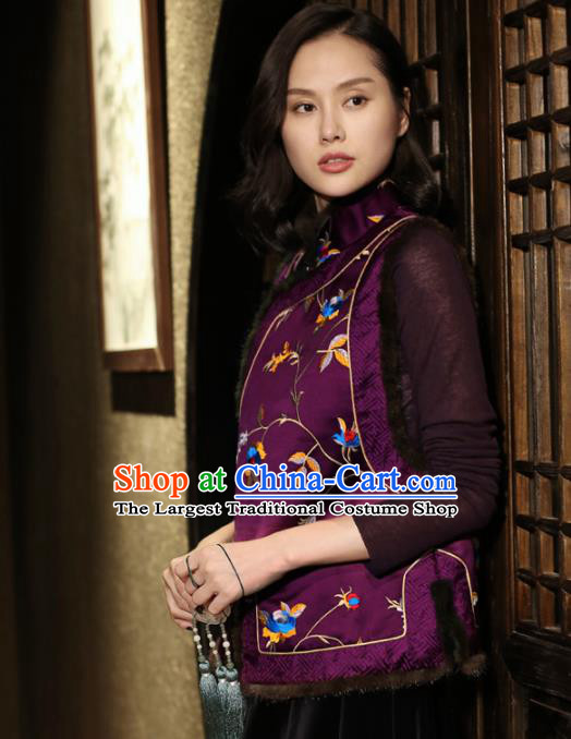 Top Grade Traditional Chinese Embroidered Purple Brocade Vest Tang Suit Upper Outer Garment for Women