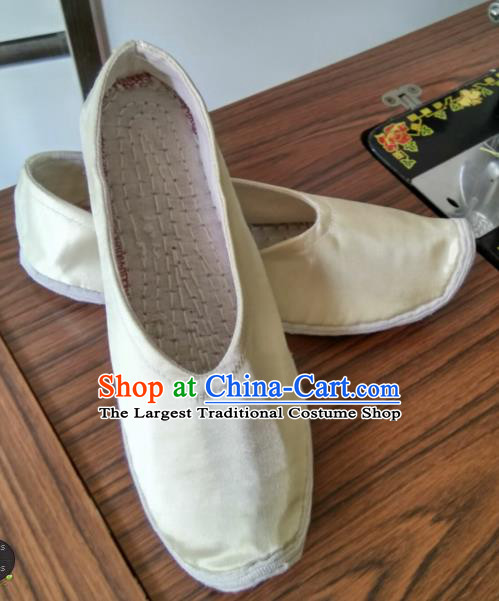 Chinese Kung Fu Shoes Beige Satin Shoes Traditional Hanfu Shoes Opera Shoes for Men