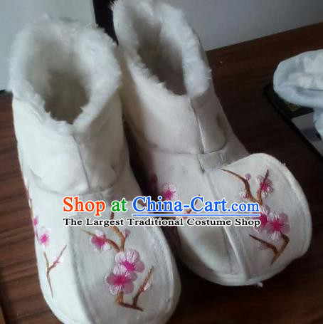 Chinese Traditional Handmade Embroidered Plum White Shoes Opera Shoes Hanfu Shoes Ancient Princess Shoes for Women
