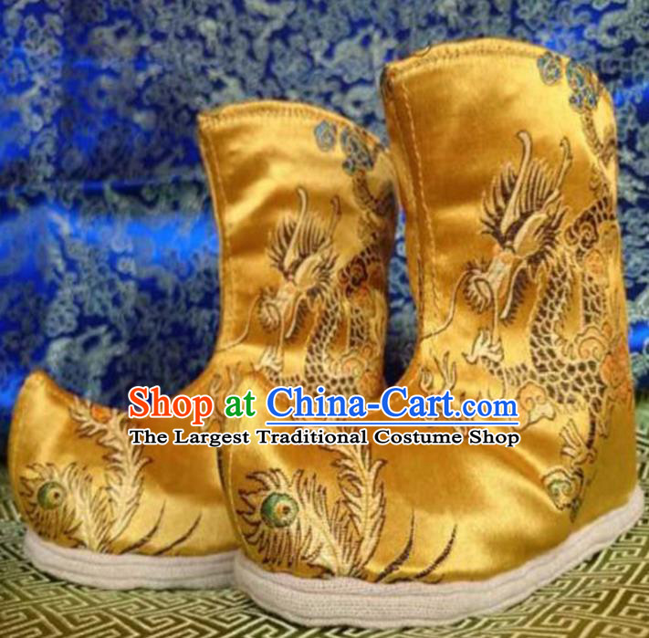 Chinese Emperor Shoes Handmade Golden Brocade Boots Traditional Hanfu Shoes Opera Shoes for Kids
