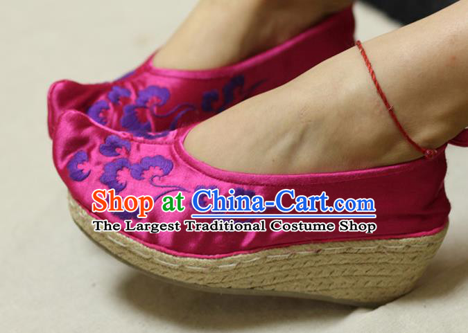 Chinese Traditional National Embroidered Rosy Satin Shoes Hanfu Shoes for Women