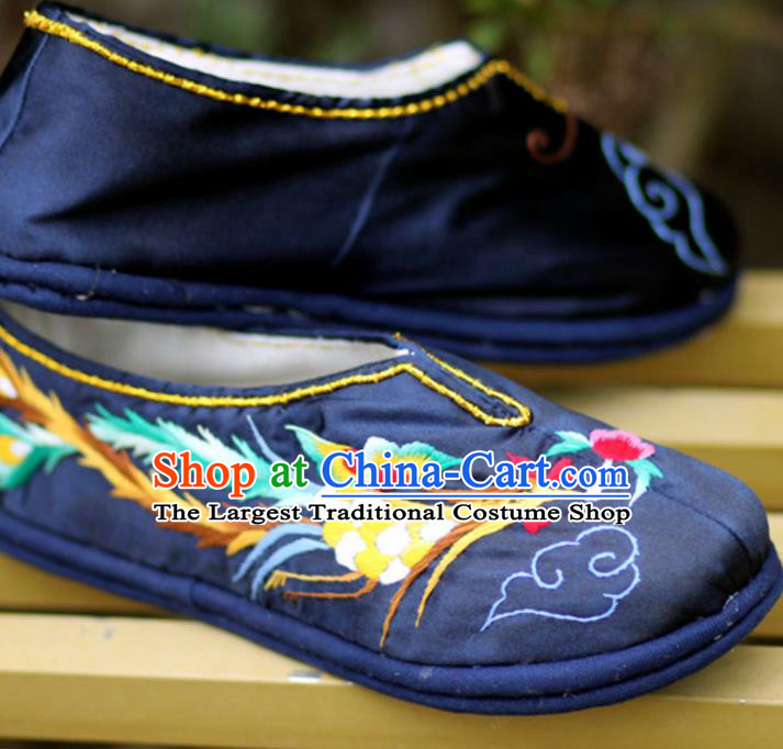Chinese Traditional National Embroidered Dragon Phoenix Navy Shoes Hanfu Shoes for Women