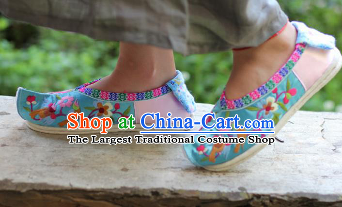 Chinese Handmade Blue Satin Embroidered Shoes Hanfu Shoes Traditional National Shoes for Women
