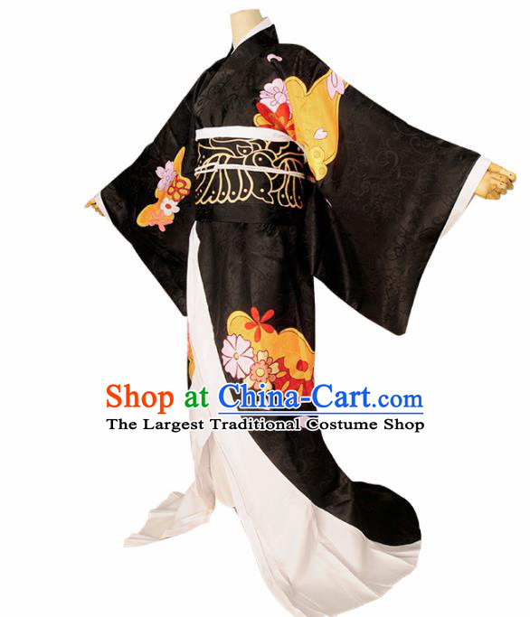 Japanese Cosplay Geisha Black Kimono Dress Traditional Ancient Courtesan Costume for Women
