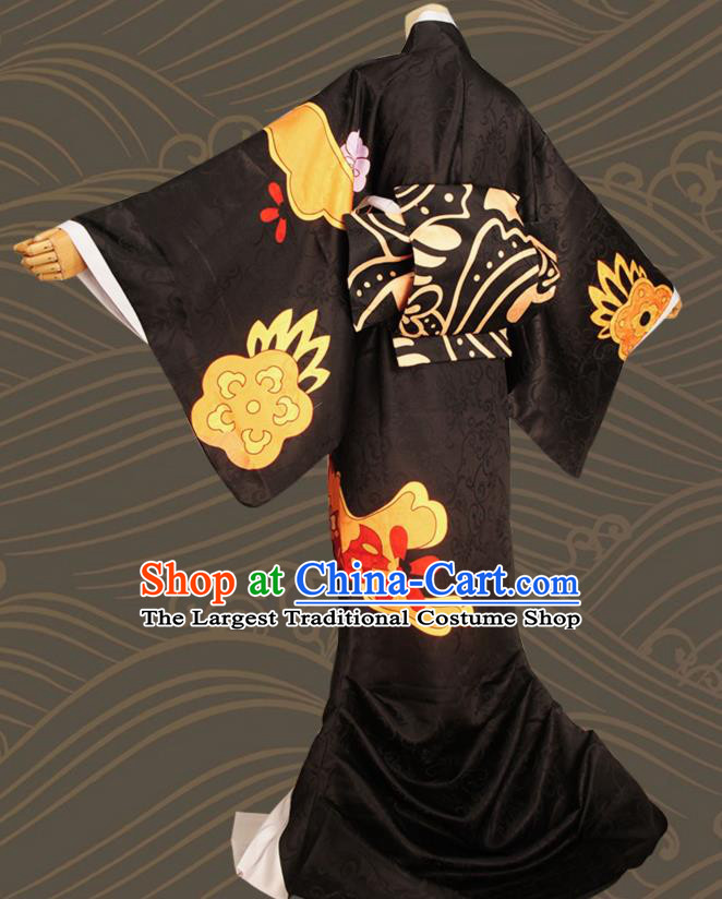Japanese Cosplay Geisha Black Kimono Dress Traditional Ancient Courtesan Costume for Women