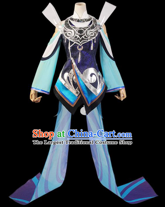 Chinese Cosplay Game Fairy Swordswoman Deep Blue Dress Traditional Ancient Female Knight Costume for Women
