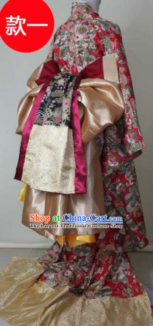 Japanese Court Queen Furisode Kimono Red Yukata Dress Traditional Ancient Courtesan Costume for Women