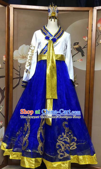 Chinese Korean Ethnic Stage Show Costumes Traditional Nationality Folk Dance Royalblue Dress for Women