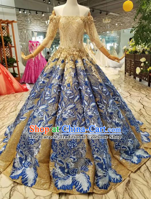 Custom Chorus Embroidered Blue Full Dress Wedding Bride Costumes Top Grade Bridal Gown for Women