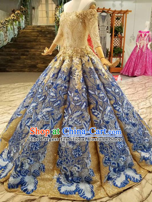 Custom Chorus Embroidered Blue Full Dress Wedding Bride Costumes Top Grade Bridal Gown for Women