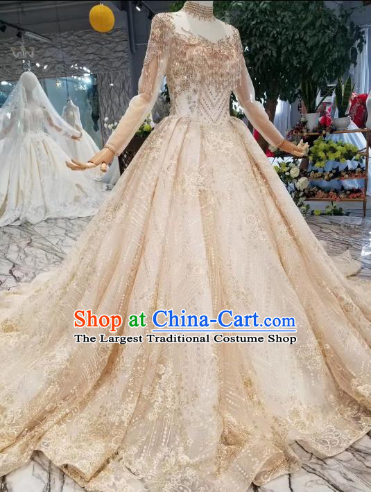 Custom Compere Embroidered Champagne Trailing Full Dress Wedding Bride Costumes Top Grade Bridal Gown for Women