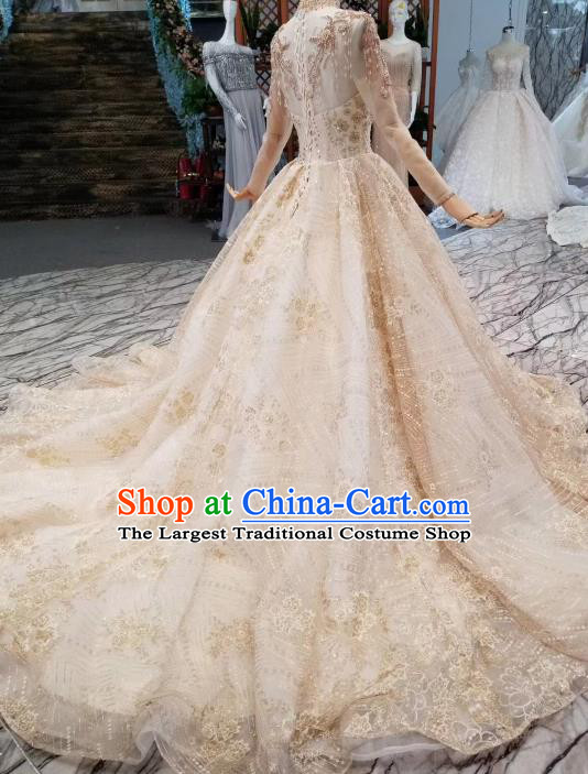 Custom Compere Embroidered Champagne Trailing Full Dress Wedding Bride Costumes Top Grade Bridal Gown for Women