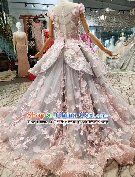 Custom Compere Embroidered Grey Trailing Full Dress Wedding Bride Costumes Top Grade Bridal Gown for Women
