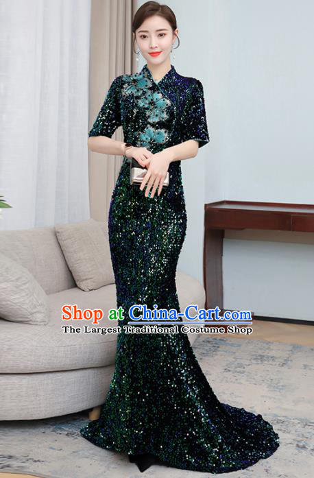 Chinese Traditional Deep Green Sequins Trailing Cheongsam Costume China National Qipao Dress for Women
