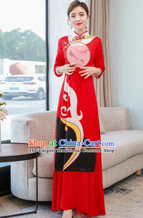 Vietnamese Traditional Printing Costume Asian Vietnam Red Ao Dai Dress for Women