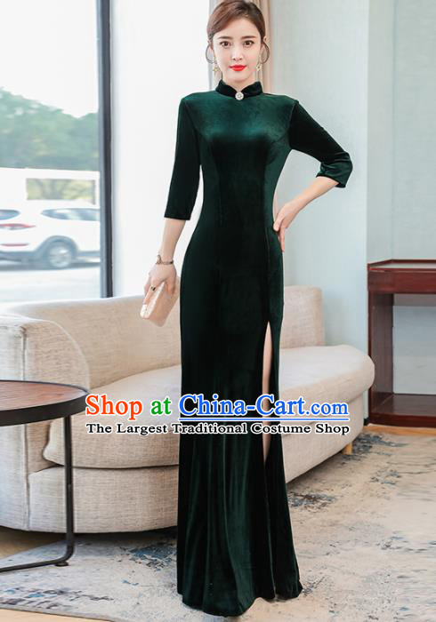 Chinese Traditional Compere Deep Green Long Cheongsam Costume China National Qipao Dress for Women