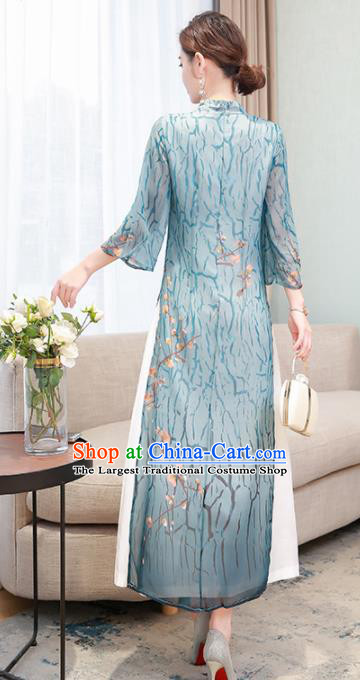 Chinese Traditional Compere Blue Organza Cheongsam Costume China National Qipao Dress for Women
