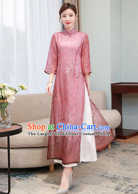 Chinese Traditional Compere Wine Red Organza Cheongsam Costume China National Qipao Dress for Women
