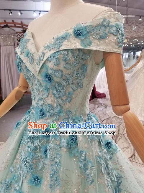 Custom Compere Embroidered Light Blue Trailing Full Dress Wedding Bride Costumes Top Grade Bridal Gown for Women