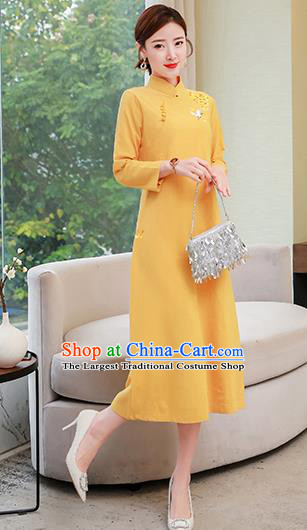 Chinese Traditional Compere Embroidered Yellow Cheongsam Costume China National Qipao Dress for Women