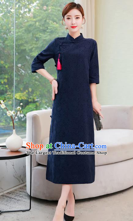 Chinese Traditional Compere Navy Cotton Cheongsam Costume China National Qipao Dress for Women