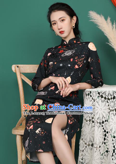 Chinese Traditional Compere Printing Black Cheongsam Costume China National Qipao Dress for Women