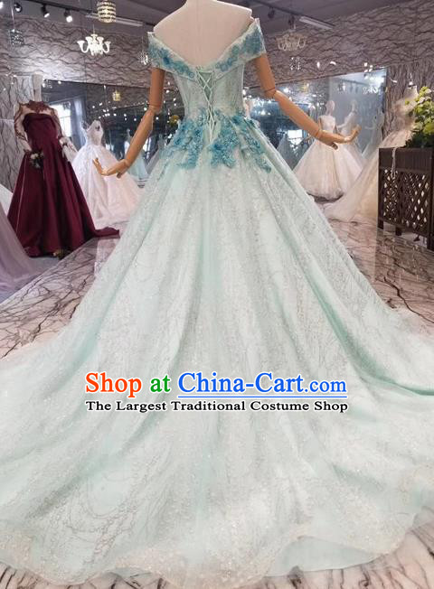 Custom Compere Embroidered Light Blue Trailing Full Dress Wedding Bride Costumes Top Grade Bridal Gown for Women