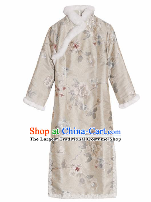 Chinese Traditional Compere Winter Light Grey Cheongsam Costume China National Qipao Dress for Women