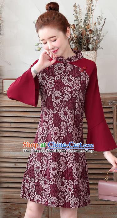Chinese Traditional Wine Red Lace Cheongsam Costume China National Qipao Dress for Women