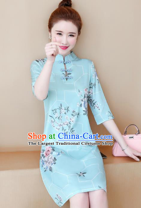 Chinese Traditional Printing Light Blue Cheongsam Costume China National Qipao Dress for Women