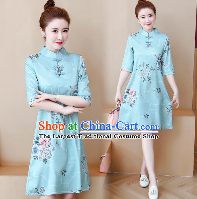 Chinese Traditional Printing Light Blue Cheongsam Costume China National Qipao Dress for Women