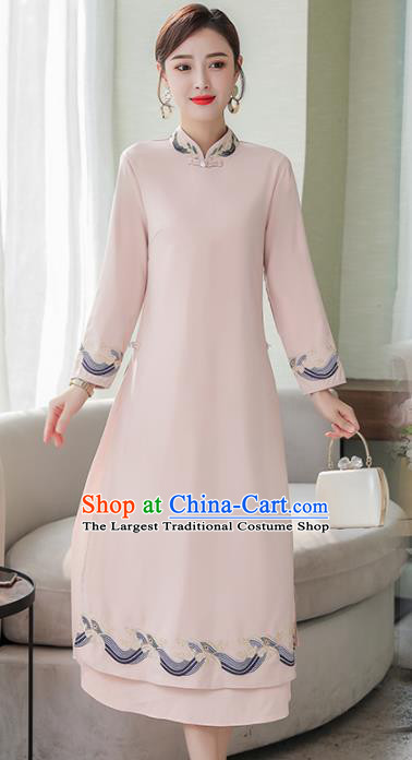 Chinese Traditional Embroidered Light Pink Cheongsam Costume China National Qipao Dress for Women